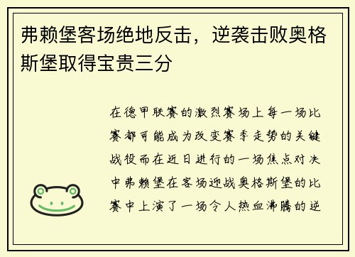 弗赖堡客场绝地反击，逆袭击败奥格斯堡取得宝贵三分